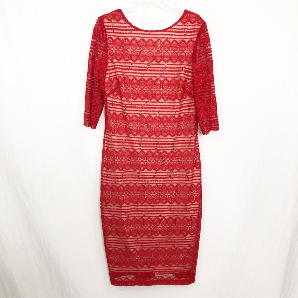 Sangria Lace Overlay Cocktail Midi Dress, Size 16, Red